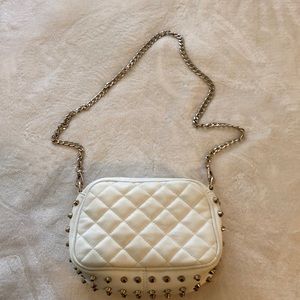 White Faux Leather Purse With Gold Studs & Chain